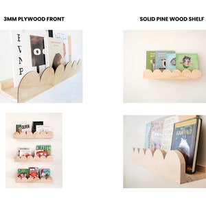 May include: Wooden cloud-shaped shelves, perfect for a nursery or child's room. The shelves are made of light-colored wood and are mounted on a white wall. Books are displayed on the shelves. The text "3mm Plywood Front" and "Solid Pine Wood Shelf" is visible.