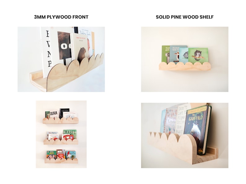 May include: Wooden cloud-shaped shelves, perfect for a nursery or child's room. The shelves are made of light-colored wood and are mounted on a white wall. Books are displayed on the shelves. The text "3mm Plywood Front" and "Solid Pine Wood Shelf" is visible.