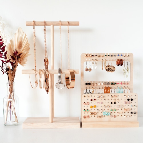 Support de rangement pour bijoux en bois - Support pour boucles d'oreilles, collier et bracelet