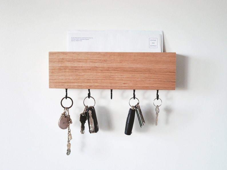 Mail and key holder in oak wood 30cm Personalised housewarming gift, Tasmanian oak wood, Wooden Home decor, Fathers Day Gift image 7