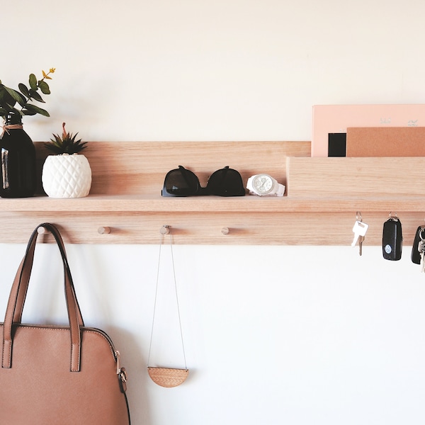 Wood Entryway Organizer (All-in-one entryway solution) – Floating Coat Rack Shelf, Mail and Key Hanger