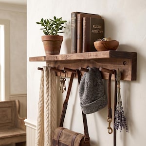 May include: A wall-mounted wooden shelf with five pegs for hanging items. The shelf holds a potted succulent, three books including one titled Rustic Artistry, and a wooden bowl. Items hanging include a cream scarf, keys, a bag, and a beanie.