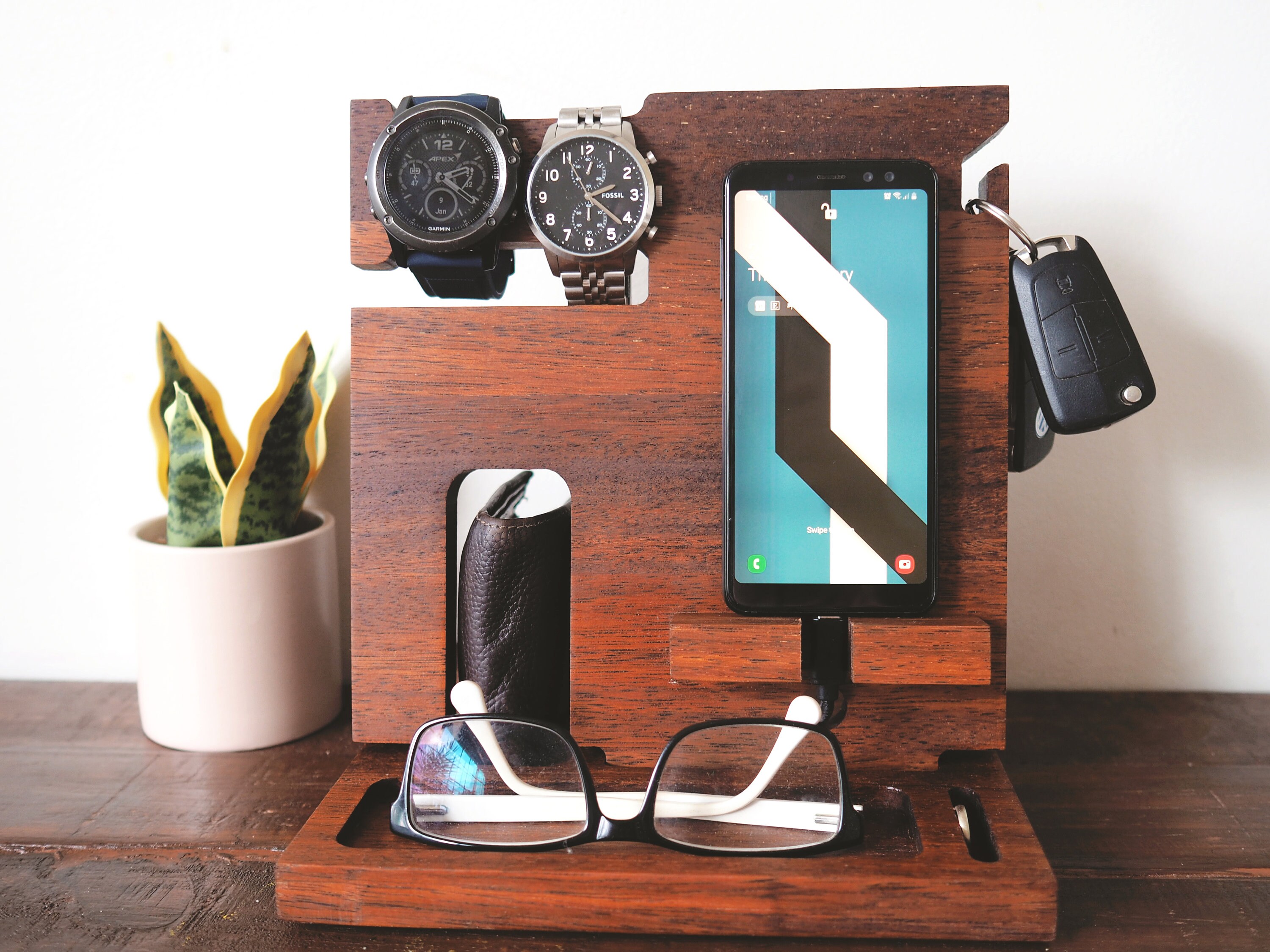 Personalised Compact Docking Station Merbau Fathers Day Gift Desk Organiser Nightstand Organizer Charging Station Gift For Him