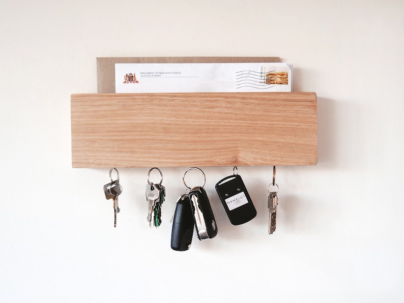 Mail and key holder in oak wood 30cm Personalised housewarming gift, Tasmanian oak wood, Wooden Home decor, Fathers Day Gift image 5