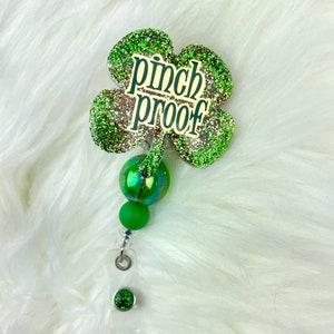 St. Patrick&#39;s Day Badge Reel | Badge Reel for Nurses | Retractable Badge Reel | Four Leaf Clover | Glitter Badge Reel | Pinch Proof