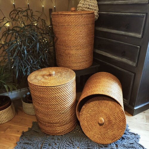 Rattan Weave Round Storage Basket With Lidhandcrafted Desktop Etsy