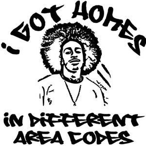 May include: Black and white illustration of a person with an afro, wearing a shirt and a necklace. The text "I GOT HOMES IN DIFFERENT AREA CODES" is written around the person.