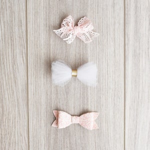 Pink Lace, White Tulle & Pink Glitter Bows | girl bow | pink bows | headband | tulle bow | non slip clip | snap clip | toddler bow | glitter