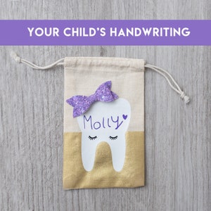 Tooth Fairy Bag | handwriting | personalized | girl bows | gold bag | muslin bag | tooth fairy | tooth bag | girl tooth fairy bag | kid gift