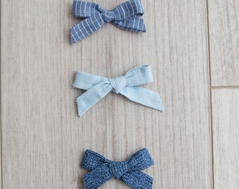 Blue Fabric Bows | girl bows | newborn bows | headband | non slip clip | toddler bow | hair bows | bows | blue bows | linen bows | navy bow