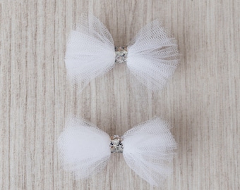 White Tulle Pigtail Bow Set | girl bows | white pigtail bows | headband or clip | pigtail bows | set of 2 | tulle bows | white & silver bow