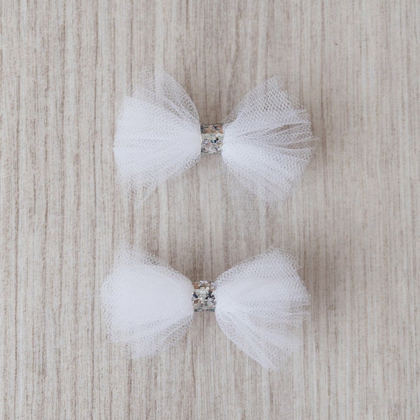 White Tulle Pigtail Bow Set | girl bows | white pigtail bows | headband or clip | pigtail bows | set of 2 | tulle bows | white & silver bow