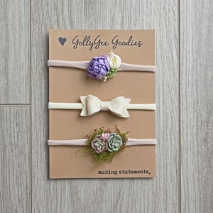 Purple Peony with Ivory Flower, Cream Felt & Succulent Bow Set | newborn photography | baby nylon headband | purple baby bow | succulent bow