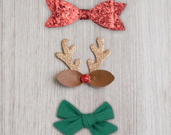 Holiday Bow Set | girl bow | headband | red & green | glitter bow | holiday bow | reindeer bow | christmas bows | rudolph bow