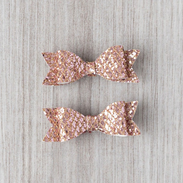 Rose Gold Glitter Pigtail Bows | girl bows | rose gold bows | pigtail bows | headband or clip | toddler bows | set of 2 bows | glitter bows