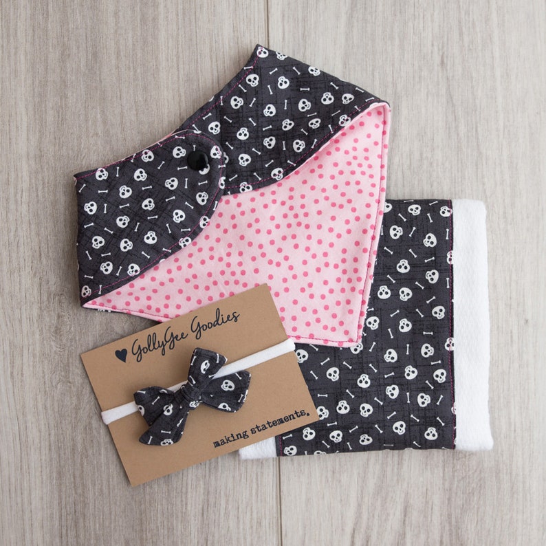 reversible bib matching baby set skeletons Skull Baby Gift Set pink bib set burp cloth bib baby shower gift skull girl gift
