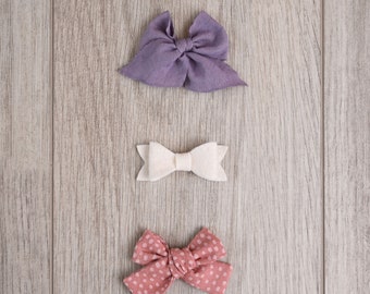 Lavender Ribbon Bow, Cream Felt Bow & Mauve Dotted Bow | girl bow | patterned bow | headband | nonslip clip | snap clip | bow set | felt bow