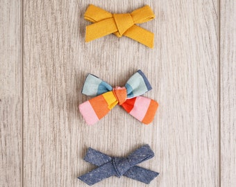 Mustard Fabric, Colorful Striped Fabric and Denim Fabric Bows | girl bows | headband | non slip clip | snap clip | toddler bow | fall bows