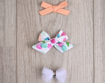 Peach Fabric Bow, Colorful Pastel Bow & White Tulle Bow | girl bow | patterned bow | non slip clip | snap clip | fabric bow | bow set | bows