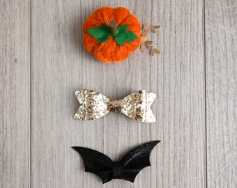 Halloween Bow Set| girl bow | bat bow | black glitter bow | headband | non slip clip | toddler bow | Halloween bat | pumpkin bow | gold boww