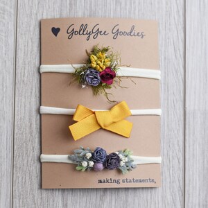 Purple, Maroon and Yellow Flower Bow, Mustard Fabric Bow & Purple Flower Bow | newborn photography | newborn set | purple newborn bow | bows