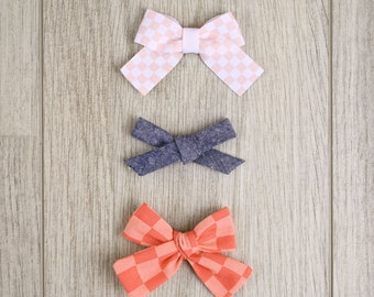 Pink Checkered Bow, Denim Bow & Coral Checkered Bow | girl bow | patterned bow | headband | non slip clip | snap clip | fabric bow | bow set