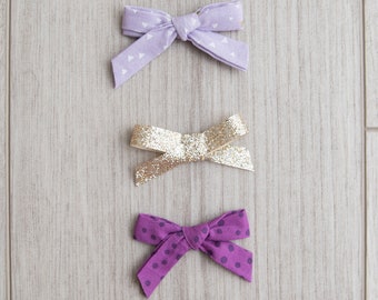 Purple Fabric Bows & Gold Sparkle Bow | girl bows | newborn bows | purple bow | non slip clip | toddler bow | hair bows | bows | bias tape