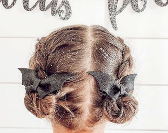 Black Sparkle Bat Bows | girl bows | pigtail bows | black glitter bow | headband | non slip clip | toddler bow | matching bows | halloween