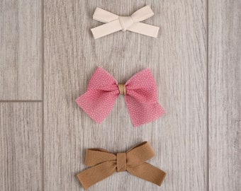 Cream Fabric, Pink Light Fabric and Soft Tan Bows | girl bows | pink bow | ivory bow | headband | non slip clip | snap clip | toddler bow