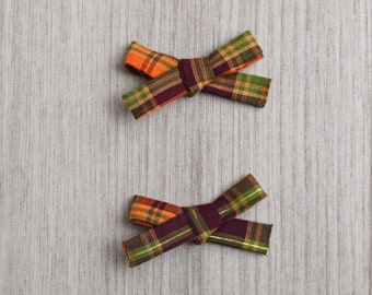 Fall Plaid Bows | girl bow | pigtail bows | fall bows | bias tape bow | toddler bow | matching bows | orange green purple gold bow | plaid