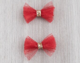 Sparkly Red Tulle Bows | girl bow | headband | toddler bow | holiday bow | pigtail bows | matching bows | christmas bow | bow set | red bows