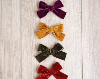 Four Velvet Ribbon Bows | girl bow | alligator clip | toddler bow | velvet bows | fall bows | purple mustard green red bows | bow set