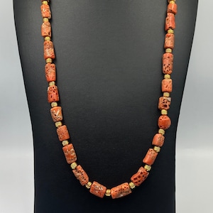Ancient Beautiful Red Natural Coral And 18k Gold Plated Beaded Necklace