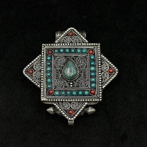 Antique Old Tibetan Gau Box Pendant With Natural Turquoise Coral Tibetan Prayer Box
