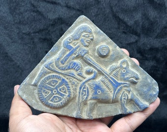 Ancient Near Eastern Lapis lazuli Relief Tile With King Riding Horse Engraved