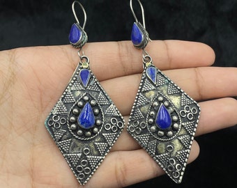 Unique Vintage Handmade Afghan Silver Plated Earrings With Lapis Lazuli Stone