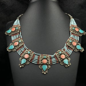 Beautiful Tibetan Silver Vintage Handmade Necklace With Coral And Turquoise Stone