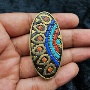 Tibetan Nepalese Brass Handmade Bead With Turquoise Coral And Lapis Lazuli Stone