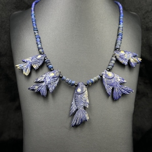Vintage Natural Lapis Lazuli Stone Unique Fish Beaded Necklace From Afghanistan