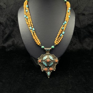 Unique Design Handmade Tibetan Old Necklace With Natural Turquoise & Coral Stone