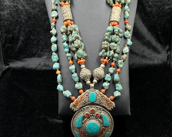Vintage Tibetan Turquoise & Coral Necklace: Three-layer Handmade