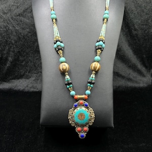 Unique Tibetan Brass Vintage Handmade Necklace With Lapis Lazuli Coral And Turquoise Stone