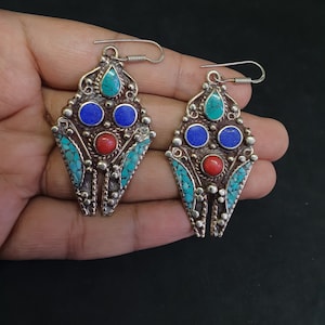 Vintage Tibetan Nepalese Beautiful Earring With Lapis Lazuli Turquoise Sterling Silver Hooks