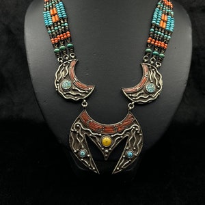 Amazing Design Handmade Tibetan Old Necklace With Natural Turquoise & Coral Stone