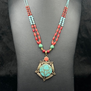 Handmade Tibetan Wonderful Old Necklace With Turquoise And Coral Stone