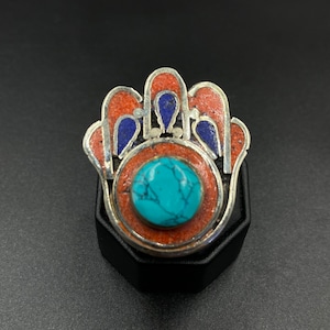 Adjustable Tibetan Nepalese Beautiful Ring With Turquoise Coral Agate And Lapis Lazuli Stone