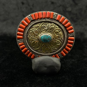 Unique Vintage Nepali Silver Plated Belt Buckle With Turquoise And Coral Stone
