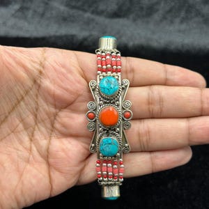 Vintage Tibetan Nepalese Handmade Ethnic Bracelet With Turquoise And Coral Stone