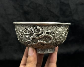 Beautiful Tibetan Silver Handmade Dragon Carving Vintage Bowl