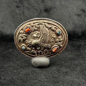 Unique VINTAGE Tibetan Silver Handmade Beautiful Belt Buckle With Turquoise And Coral Stone